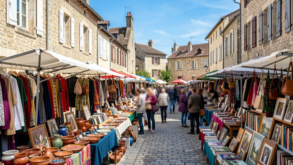 Generic image of a lively village market with colorful stalls under a blue sky.