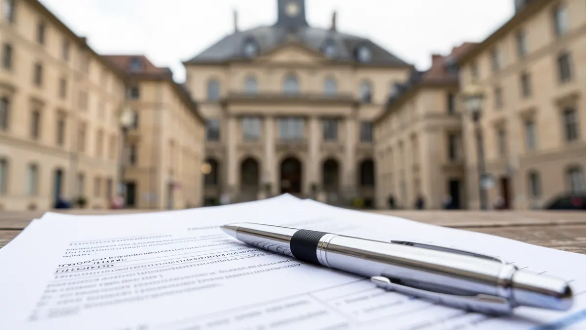 Image générique d'un questionnaire et d'un stylo devant une mairie.