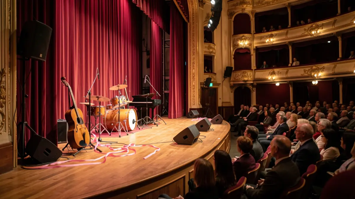 Theatre stage with musical instruments and pink ribbons for a breast cancer awareness event.