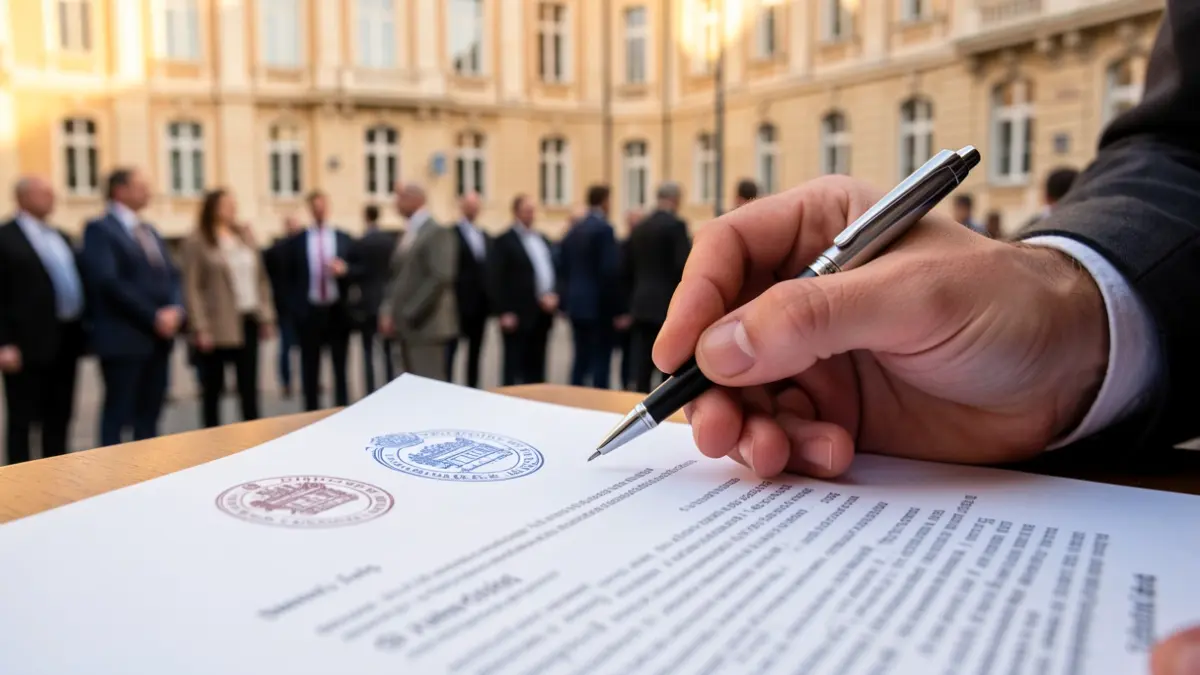 Image générique d'une main tenant un stylo sur un document officiel, avec un bâtiment institutionnel flouté en arrière-plan.