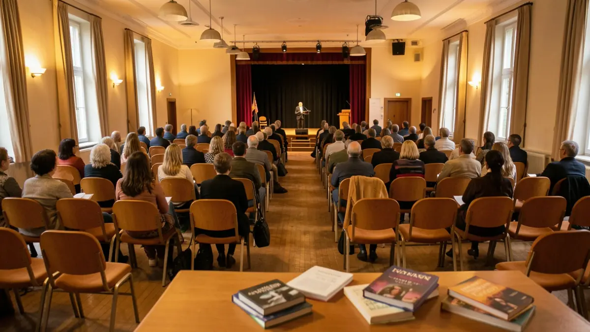 Generic image of a performance hall with empty chairs and ambient lighting.