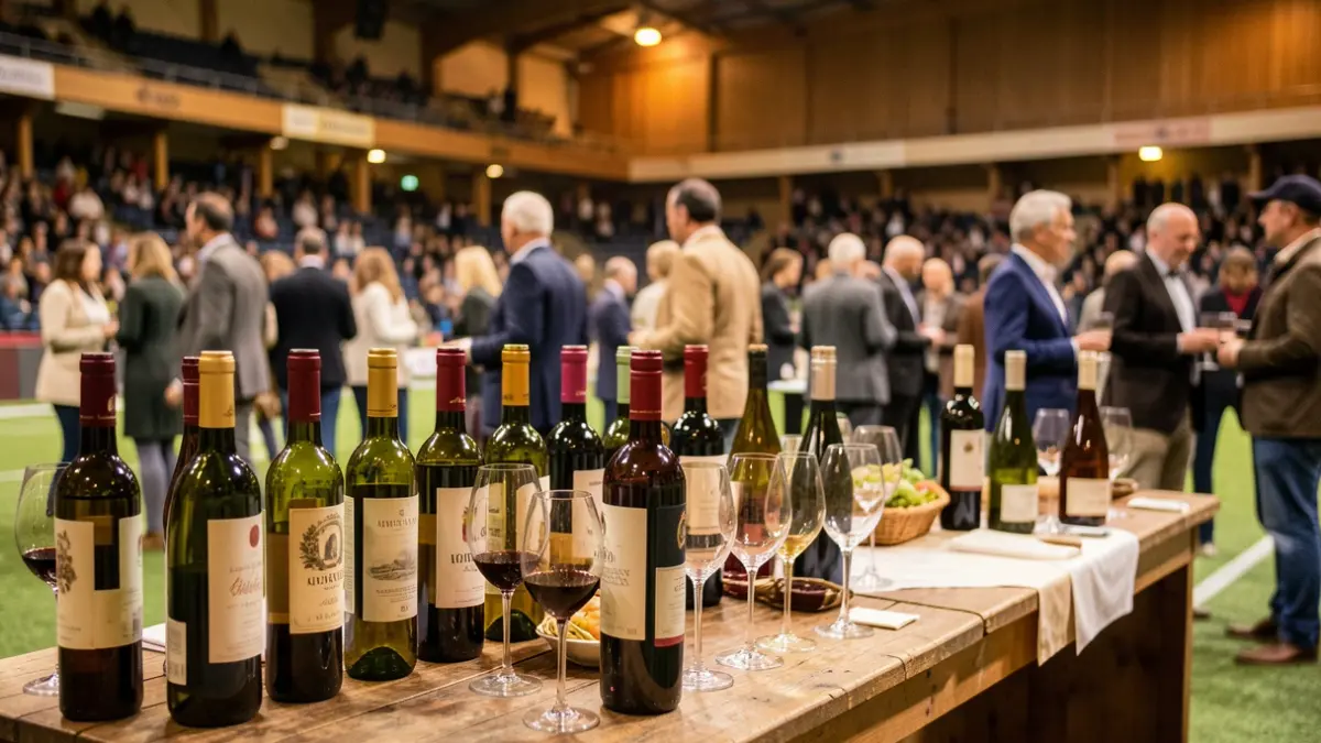 Generic image of a wine tasting event in a sports hall.