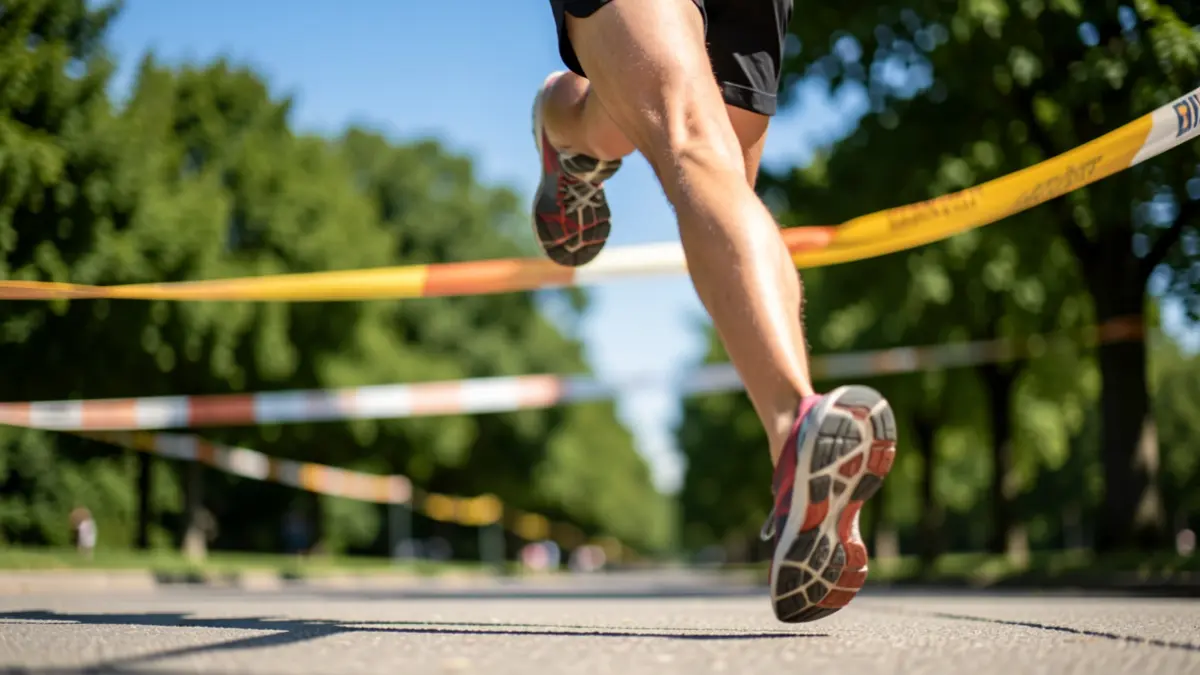 Generic image of runner's feet crossing a finish line ribbon in a park.