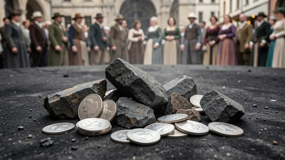 Generic image of ancient lead ore fragments and silver coins scattered on a dark, textured surface, with subtle atmospheric dust particles in the background.