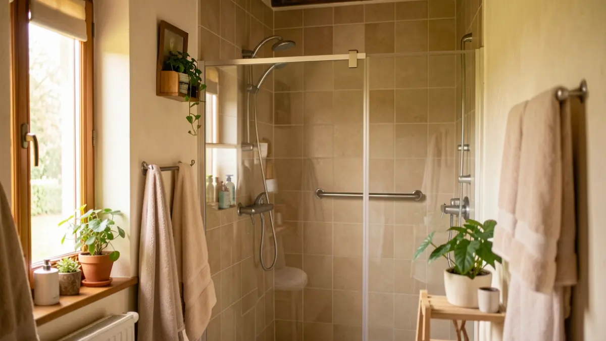 Generic image of a home bathroom adapted for aging in place, featuring a walk-in shower and support bars.