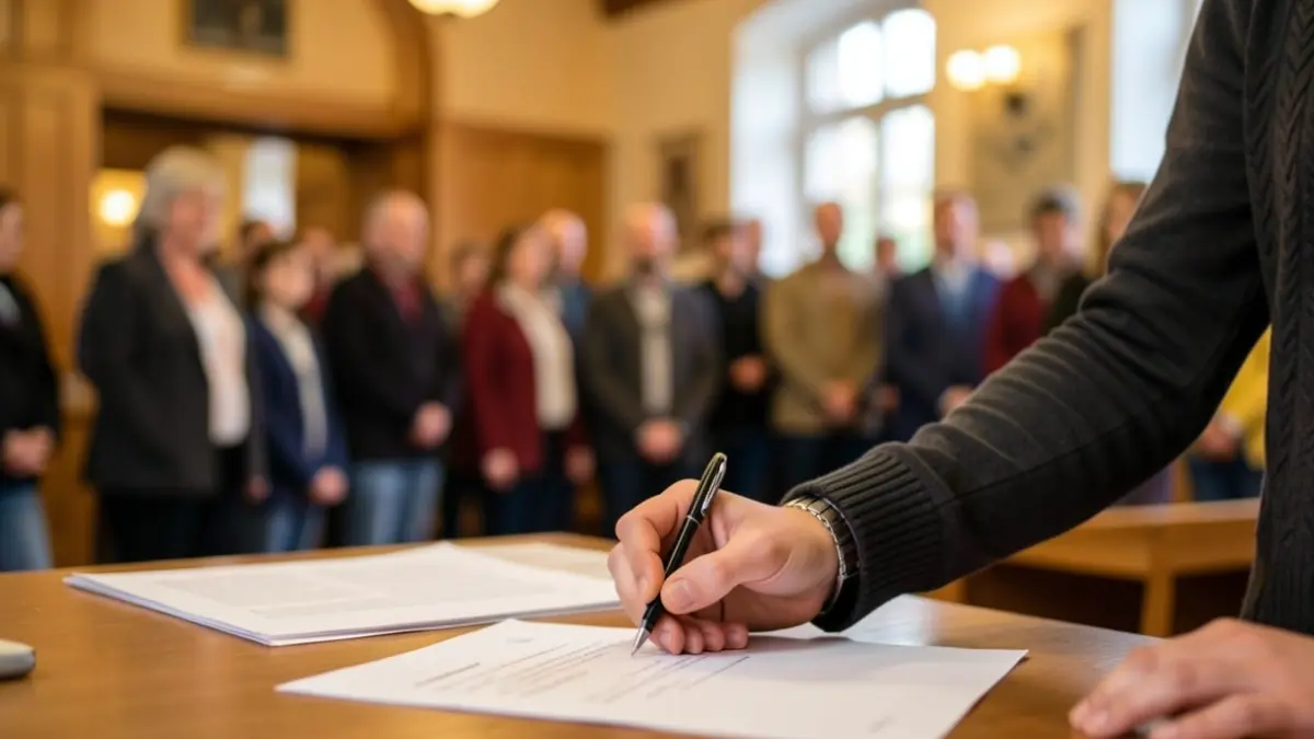 Generic image of a hand signing a document in an office, with a blurred background.