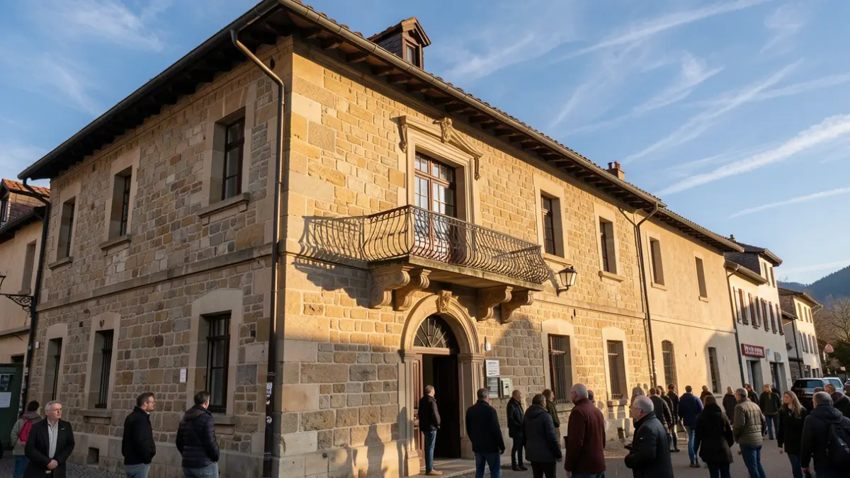 Generic image of a stone town hall facade with a balcony and iron railings, in the afternoon sun.