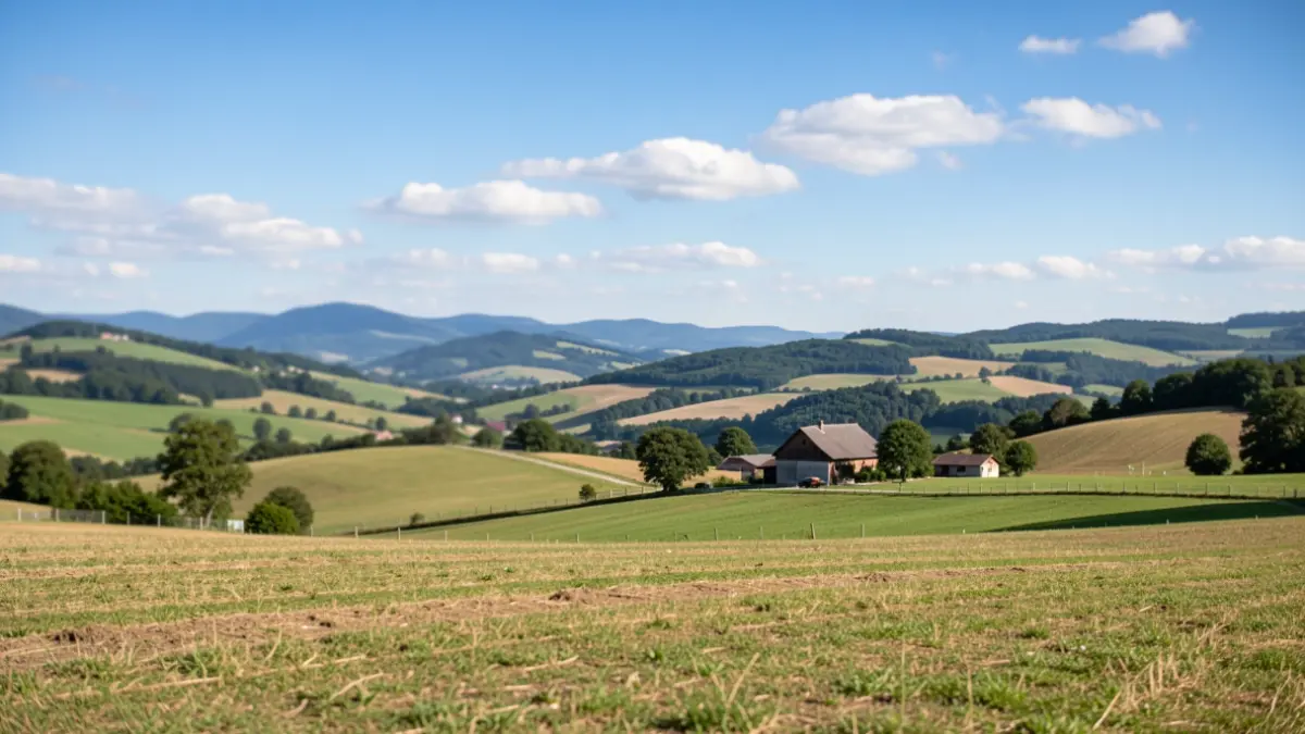 Generic image of rural landscapes in the Auvergne-Rhône-Alpes region with hills and a distant farm.
