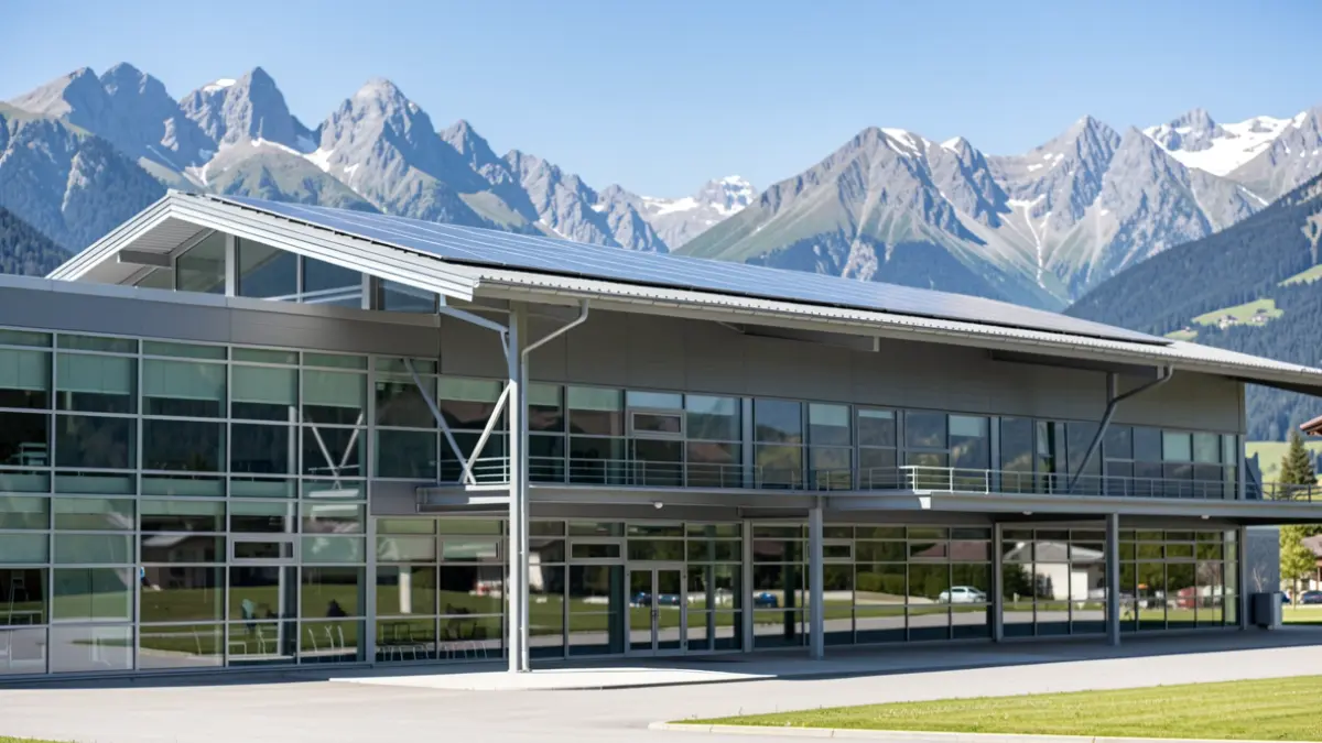 Image générique de l'extérieur d'un gymnase moderne avec des panneaux solaires dans les Alpes françaises.