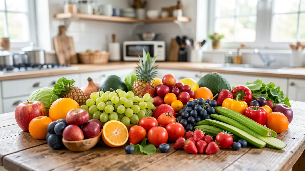 Assortiment coloré de fruits et légumes frais sur une table en bois, dans une ambiance de cuisine communautaire.