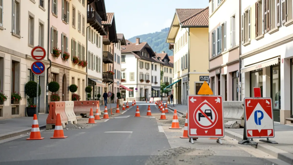 Image générique de travaux de voirie dans une rue d'Albertville, avec des barrières et des panneaux d'information.