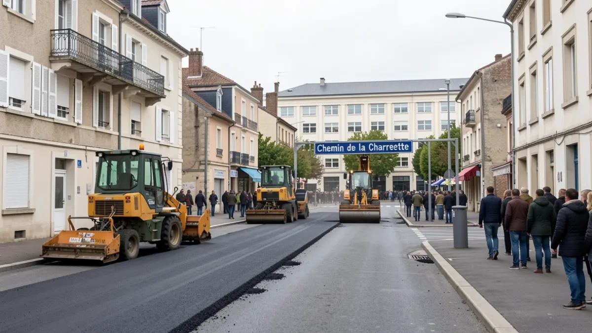Generic image of roadworks on a town street, with construction equipment and buildings.