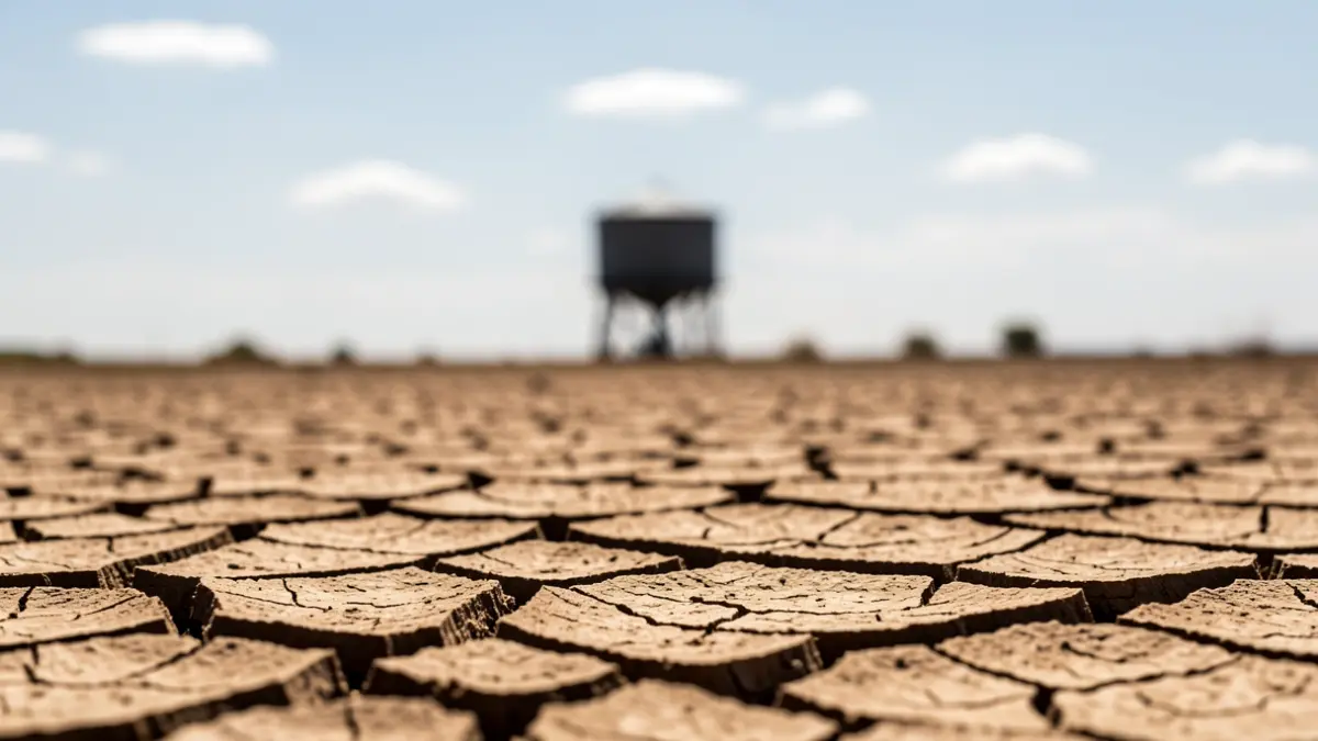 Generic image of drought with cracked earth and a water tower.