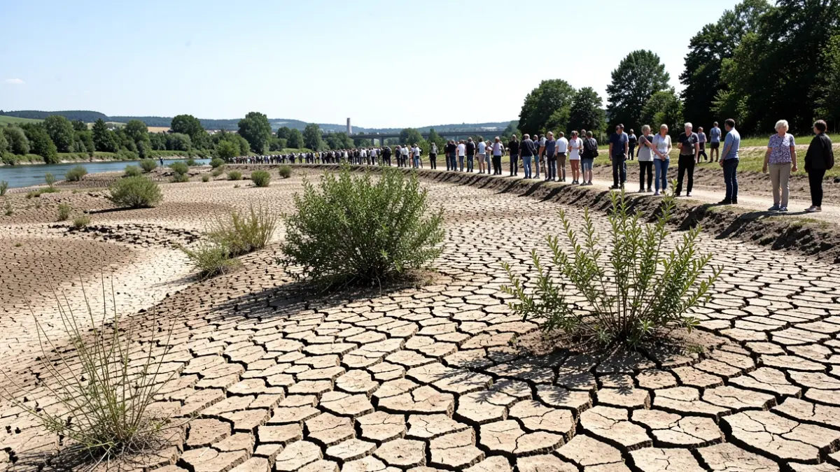 Generic image of a dry riverbed with cracked earth and sparse vegetation under intense sun.