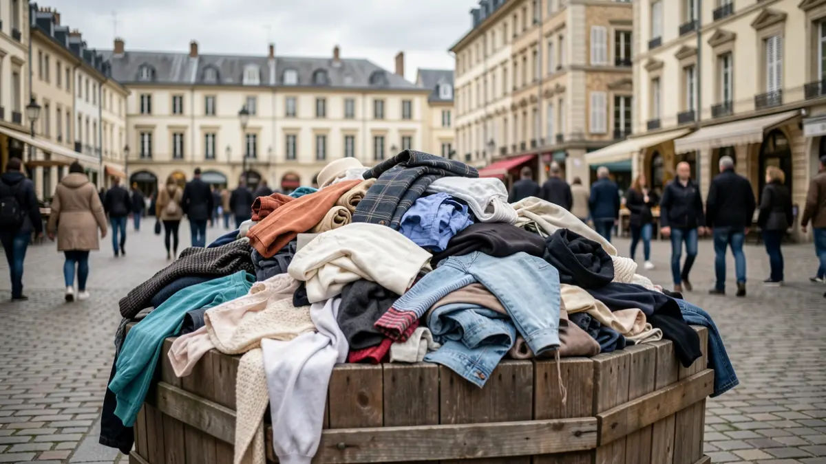 Image générique d'une borne de collecte textile débordante dans une ville française.