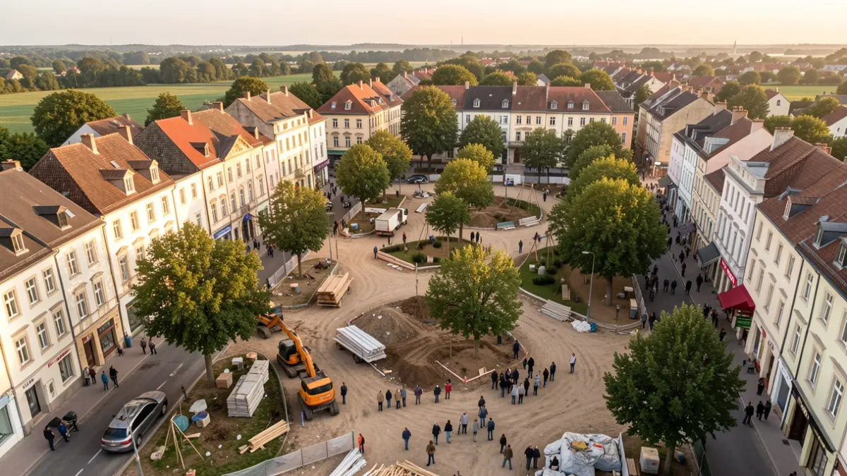 Image générique de travaux de rénovation urbaine dans un centre de village, avec des zones de chantier visibles sur les rues et les places.