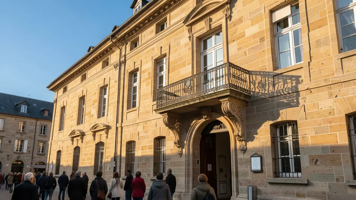 Image générique de la façade d'une mairie française avec un balcon orné et des balustrades en fer forgé, sous un soleil d'après-midi.