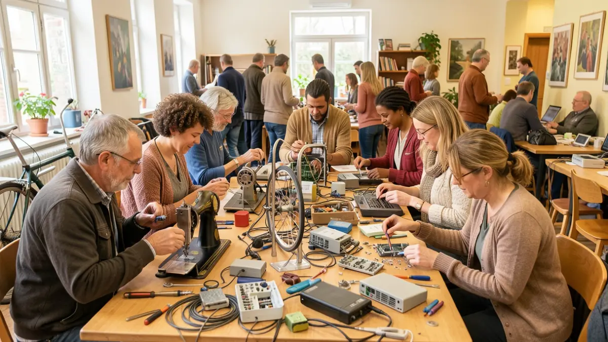 Volunteers work together to repair various items in a friendly community space.