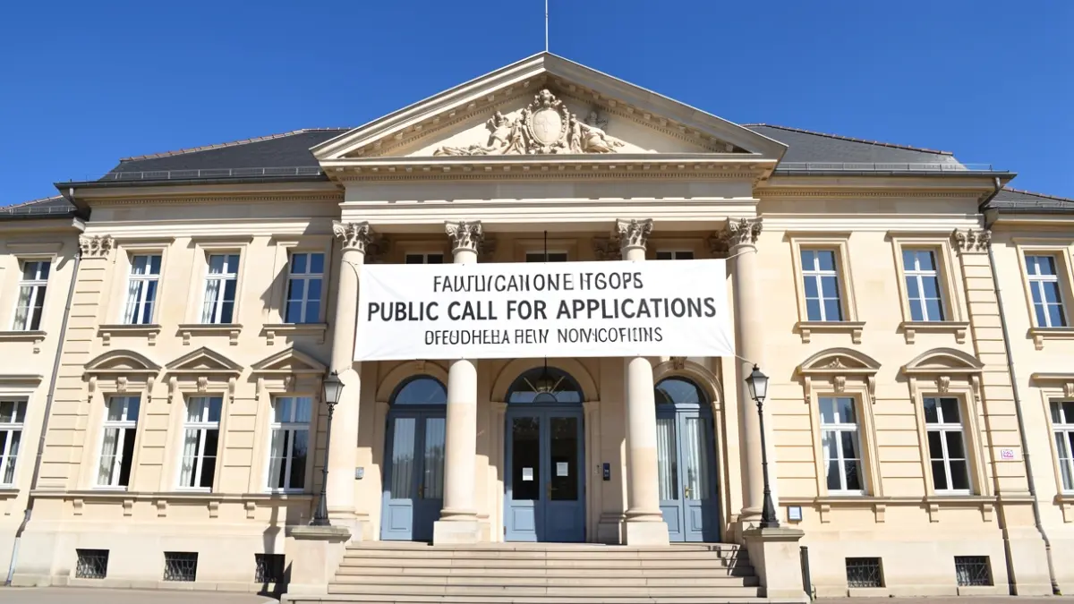 Generic image of a town hall facade with a banner announcing a public call for applications.