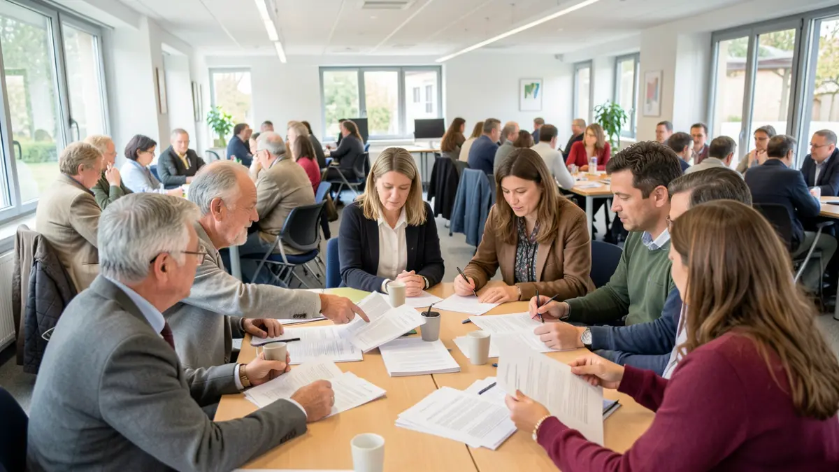 Generic image of a diverse group of citizens participating in a consultative meeting in a bright room, discussing environmental issues.