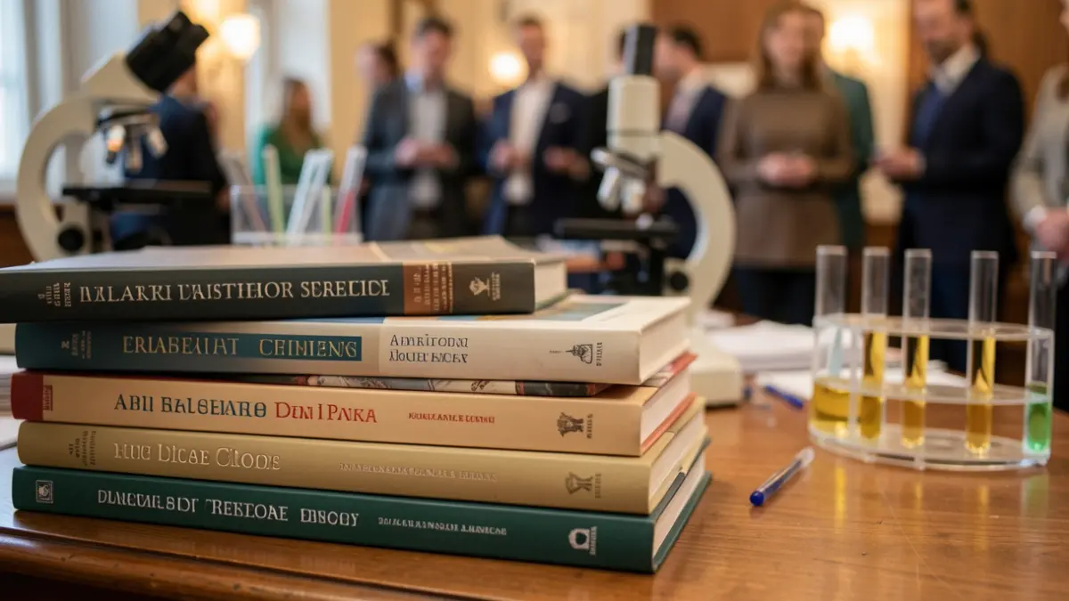 Generic image of academic books on a desk with blurred scientific equipment.