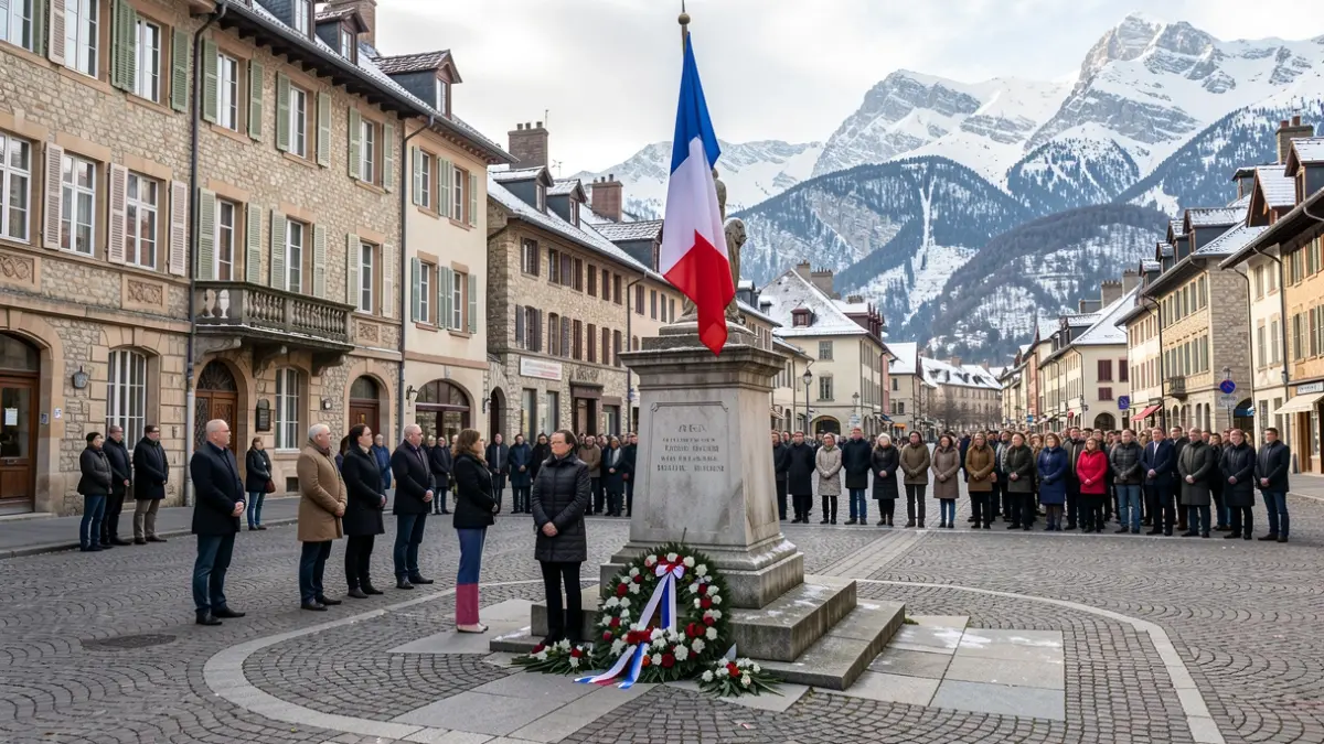 Image générique d'une cérémonie commémorative devant un monument aux morts, avec un drapeau français et quelques personnes. Jamais de noms propres ni d'affirmation que cela représente l'événement réel.