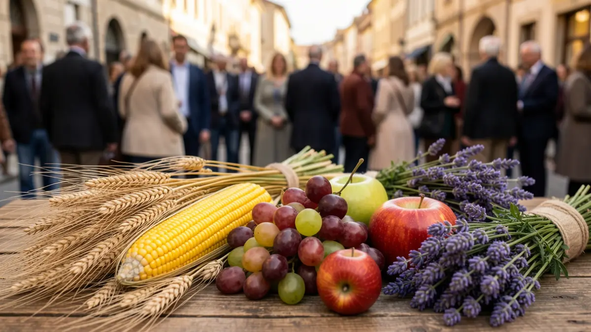 Generic image of various agricultural products like wheat, corn, grapes, apples, and lavender, arranged on a wooden surface.