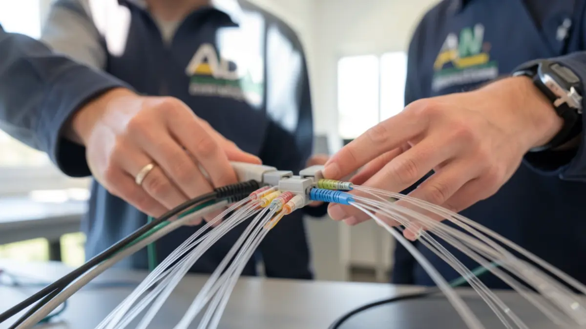 Image générique de câbles de fibre optique connectés, avec des mains portant un uniforme 'ADN' en arrière-plan.