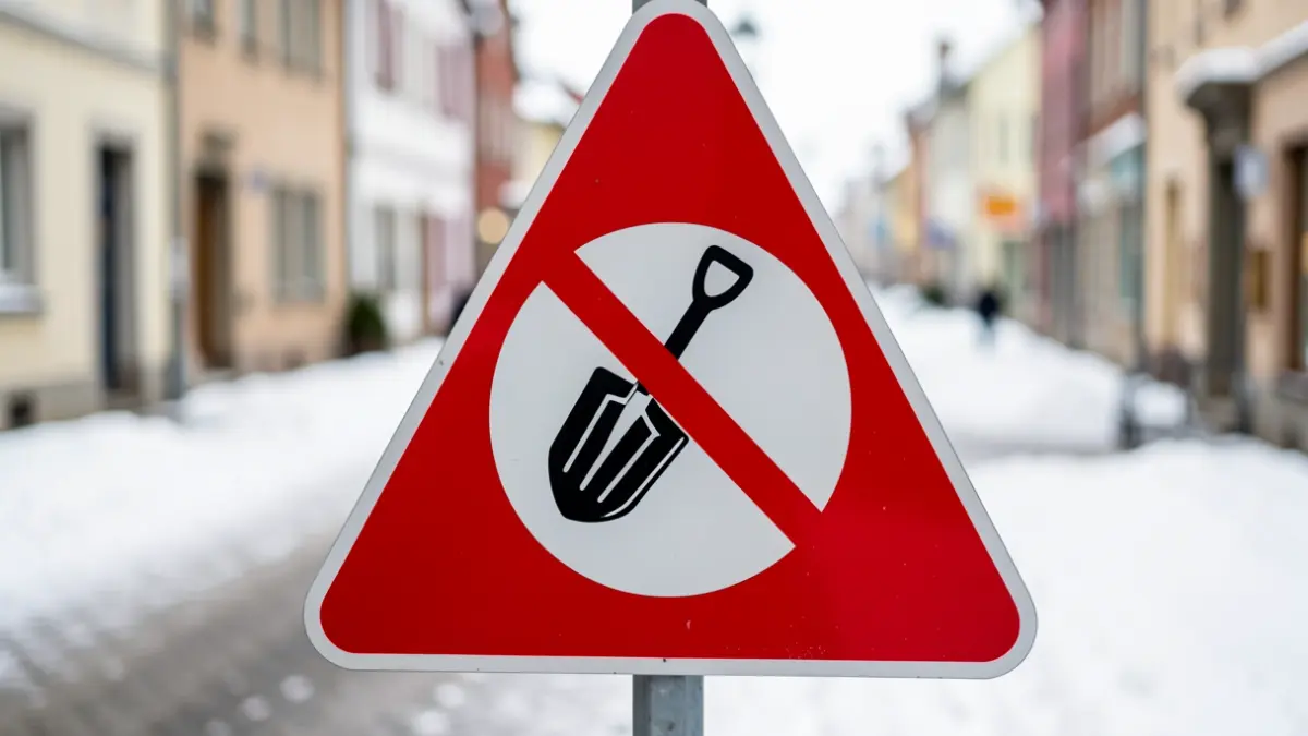 Avertissement d'arnaque au déneigement avec un panneau de signalisation.