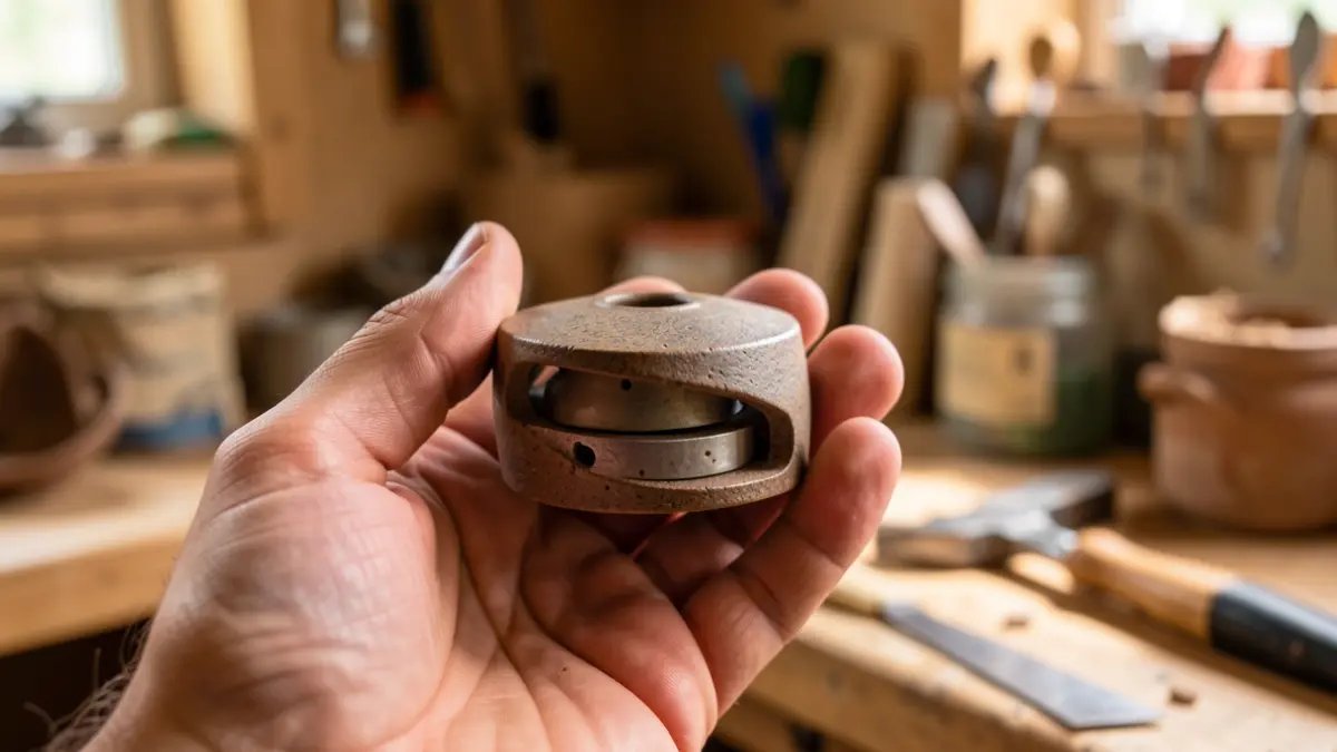 Generic image of an innovative artisan product held in a hand, with a blurred background of workshop tools. Warm, focused lighting.