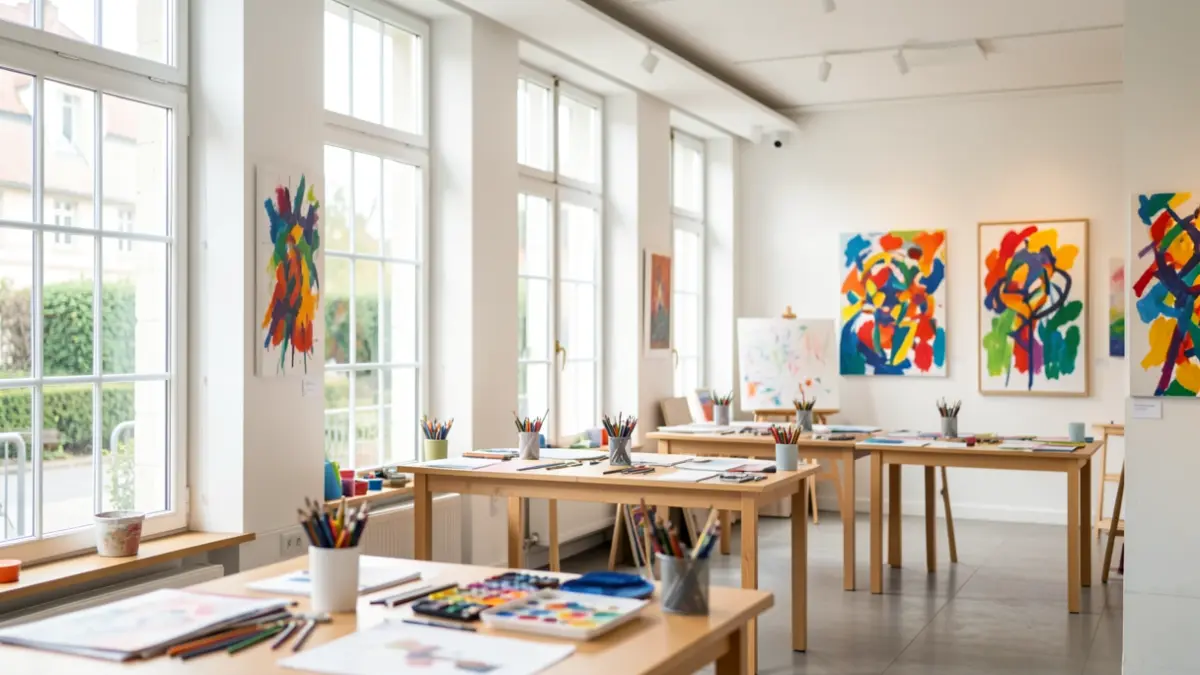Generic image of a modern cultural space with art supplies and abstract paintings.
