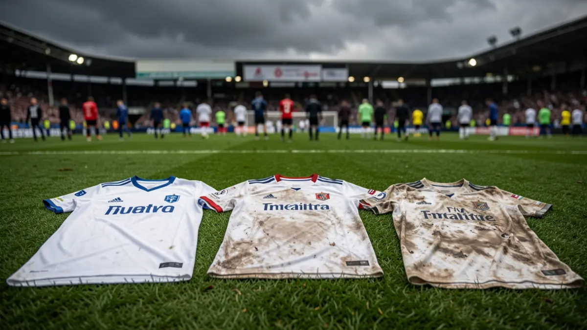 Football kits representing varied fortunes on a field.