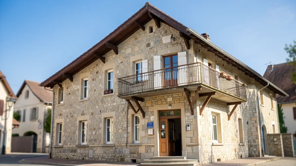 Generic image of the facade of a small town hall in the Auvergne-Rhône-Alpes region.