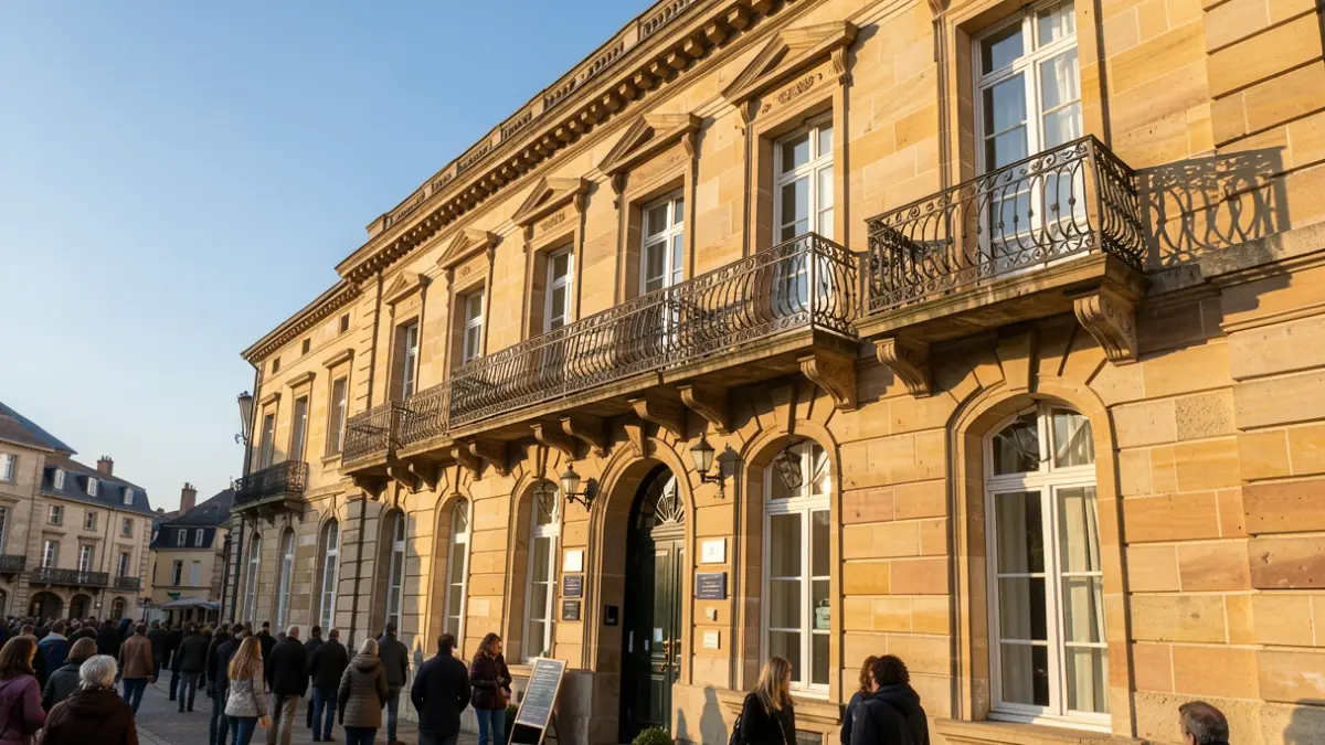 Generic image of a stone facade of an Auvergne-Rhône-Alpes town hall with a balcony and wrought iron railings, bathed in warm afternoon sunlight.