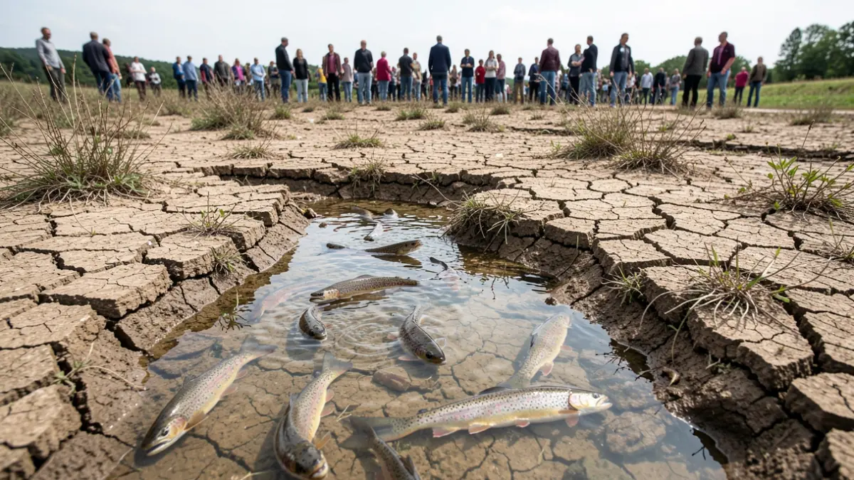 Dry riverbed with trout swimming in pools, symbolizing drought in the Haut-Rhône.