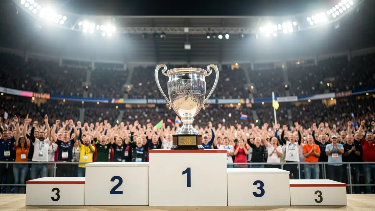 Image générique d'un podium de cyclisme vide avec un trophée, entouré d'une foule floue.
