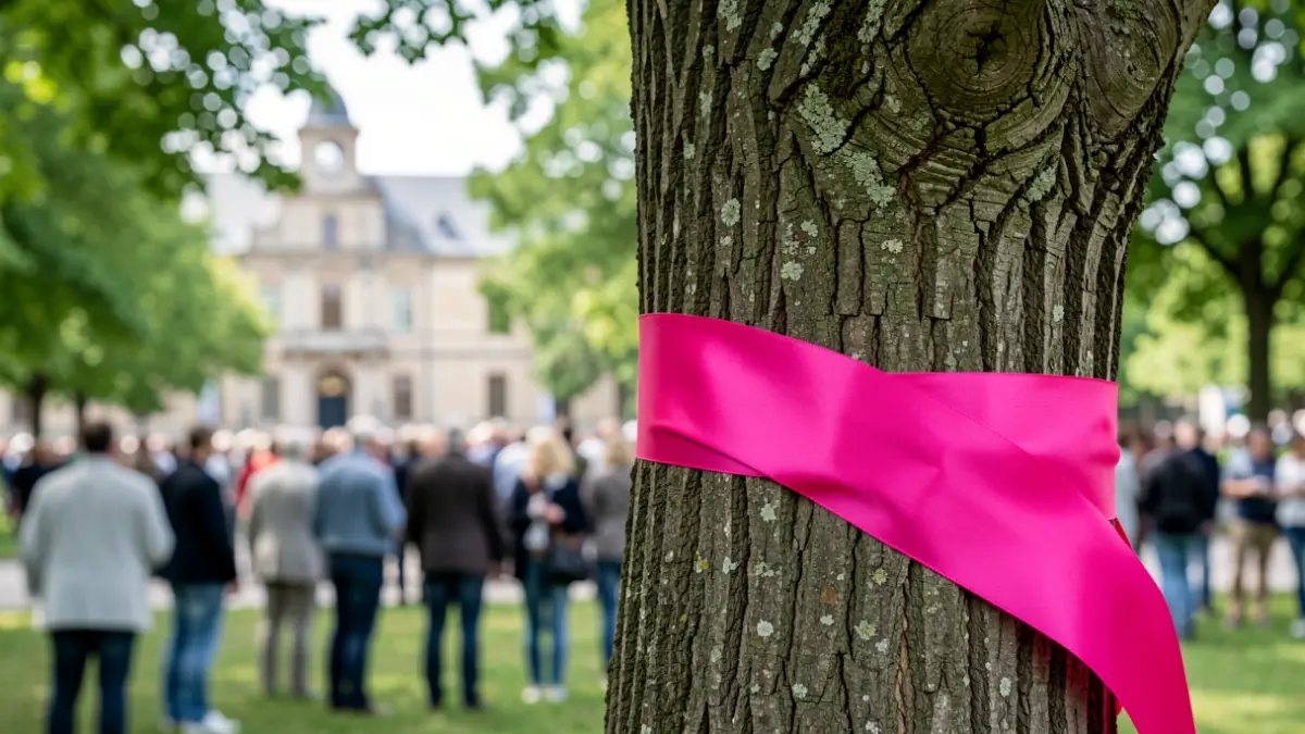 Generic image of a pink ribbon on a tree in a park.