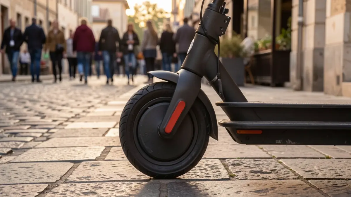 Electric scooter wheel parked on a paved sidewalk in Bellegarde-en-Forez, evening light.