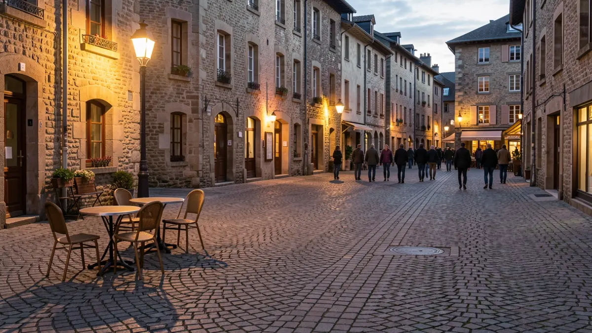 Generic image of a village square in Beaujolais in the evening.