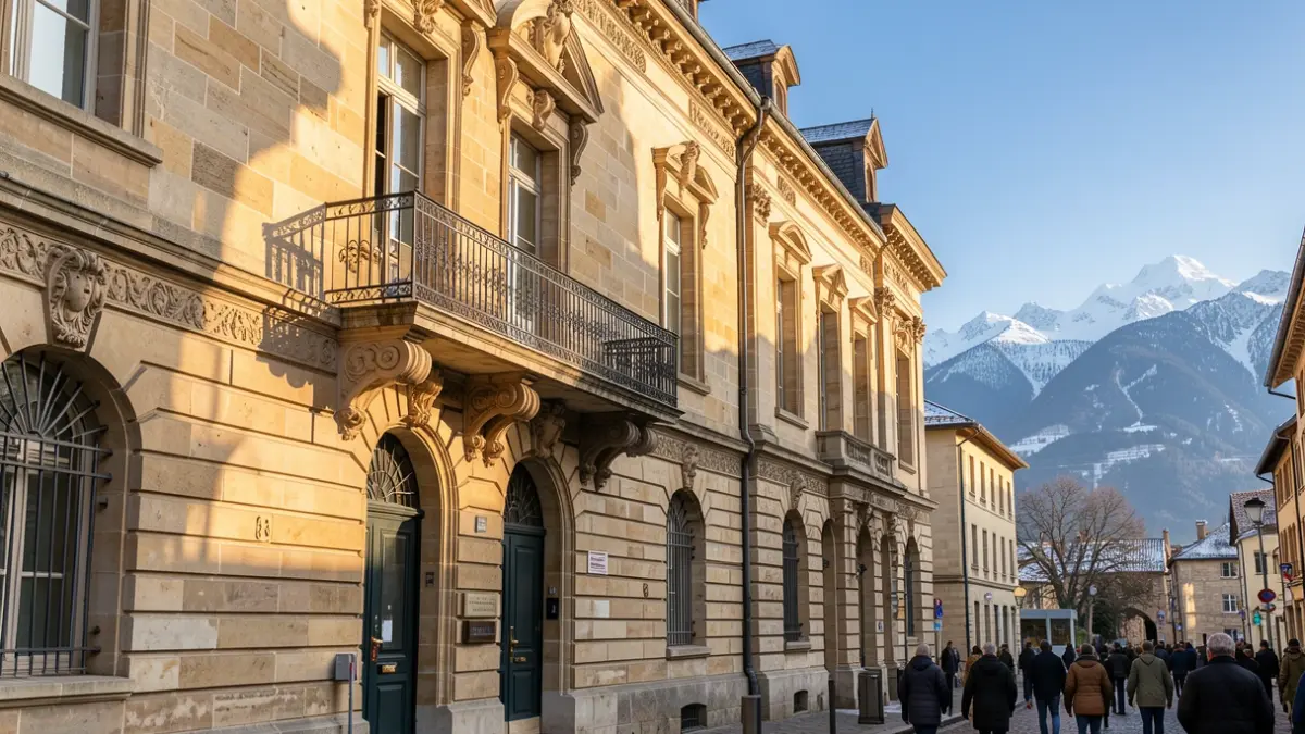Façade de la mairie de Beynost, un bâtiment officiel en pierre avec un balcon orné.
