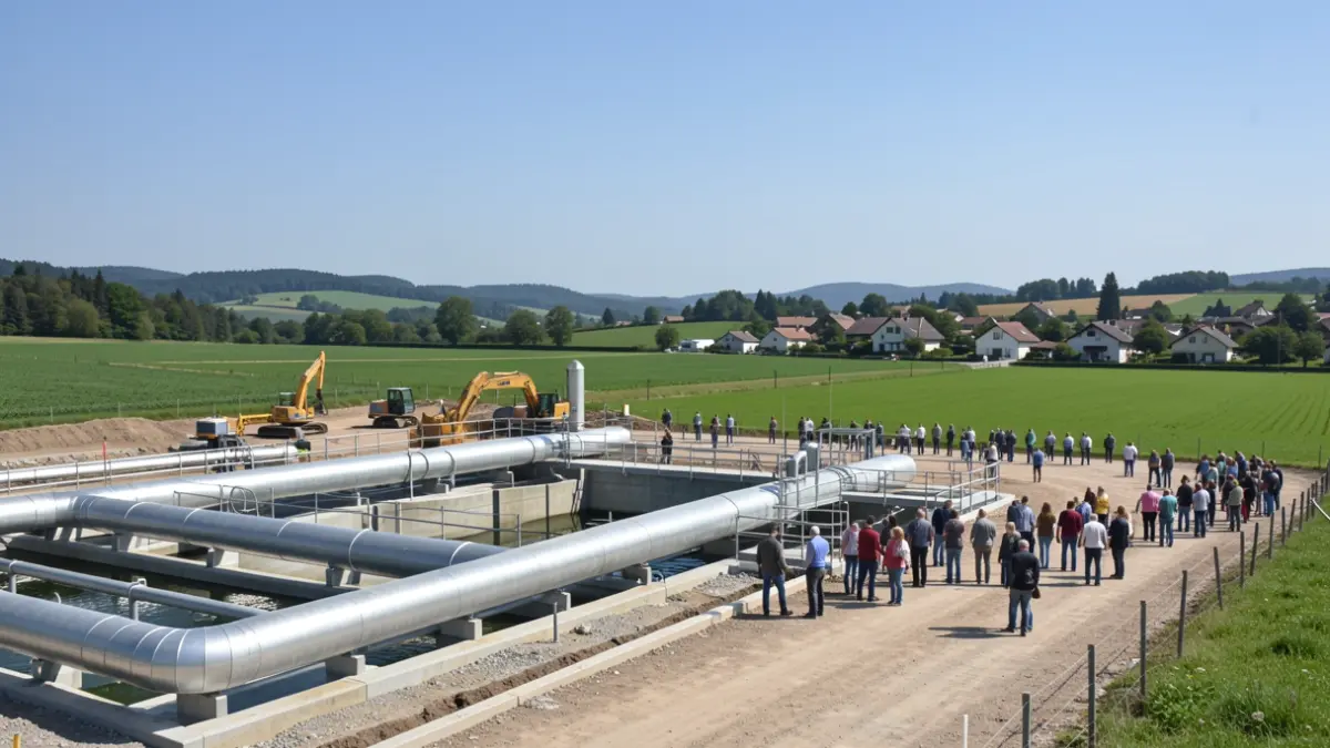 Image générique de chantier de construction d'une station de traitement des eaux dans un paysage rural.