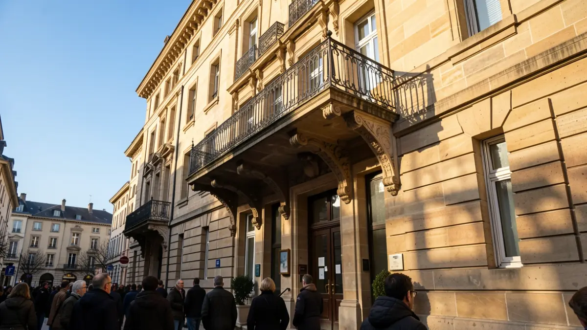 Generic image of a stone town hall facade with an ornate balcony and iron railings, in the afternoon sun.