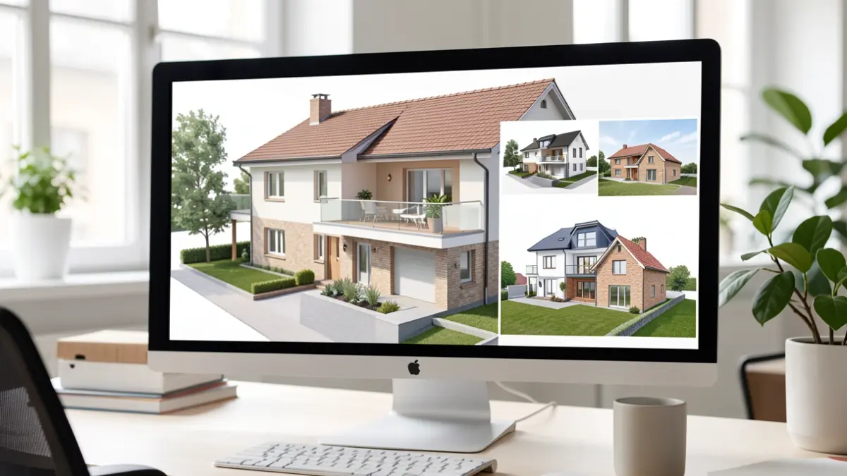 Modèle 3D d'une maison avec potentiel d'agrandissement présenté sur un écran d'ordinateur.