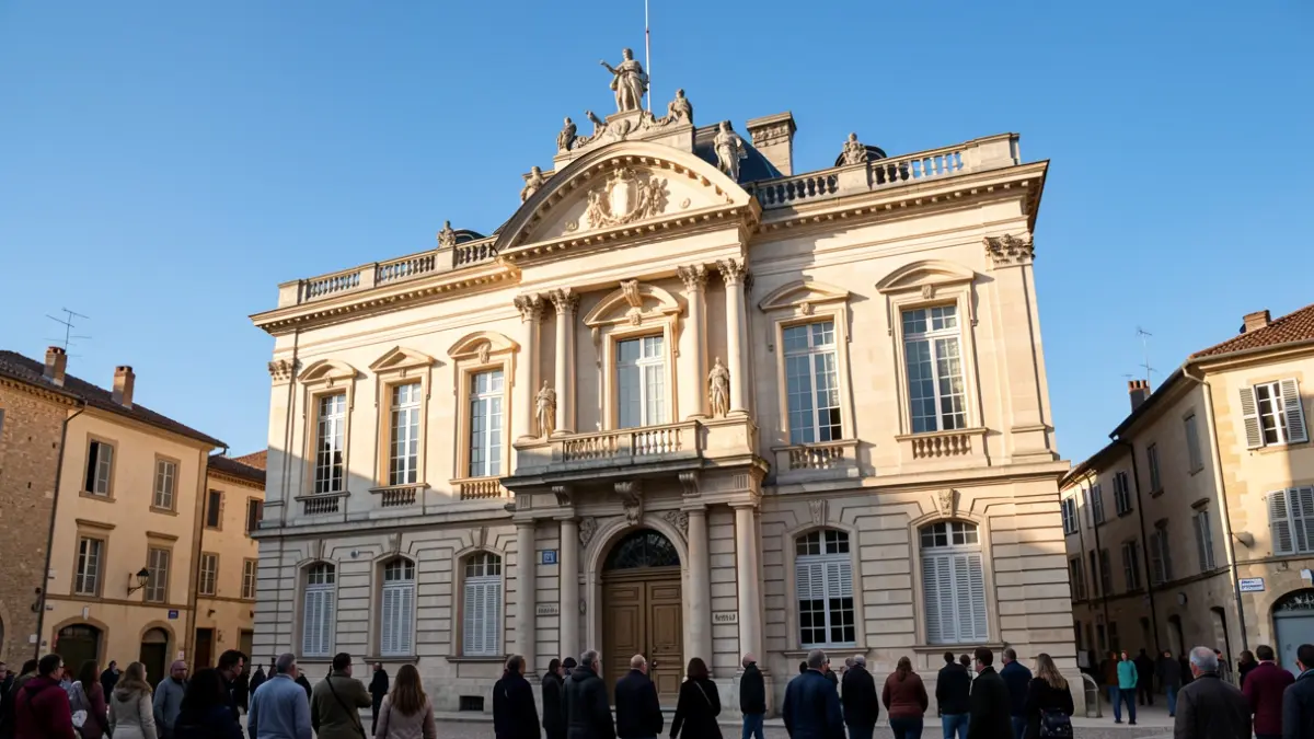 Generic image of a municipal building facade with architectural details and a balcony, under a blue sky.