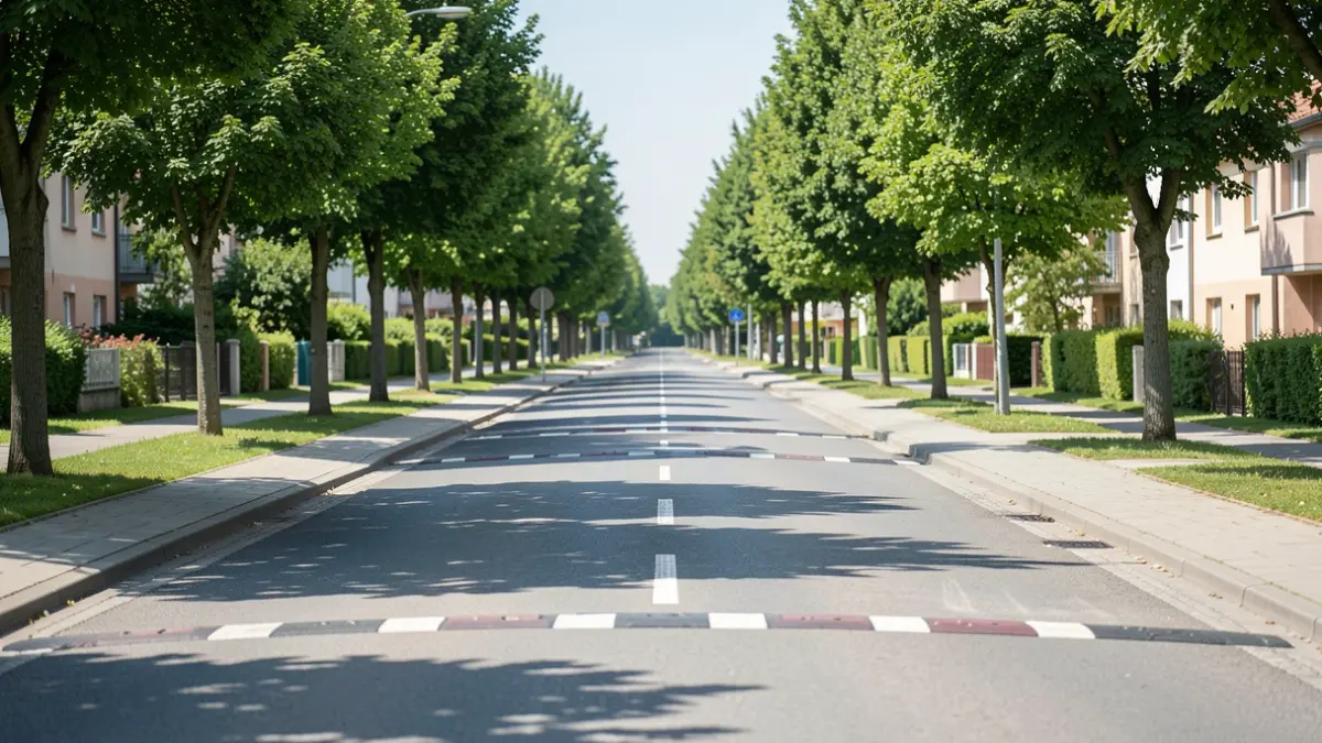 Image générique d'une route droite dans un quartier résidentiel avec des aménagements pour ralentir la circulation.