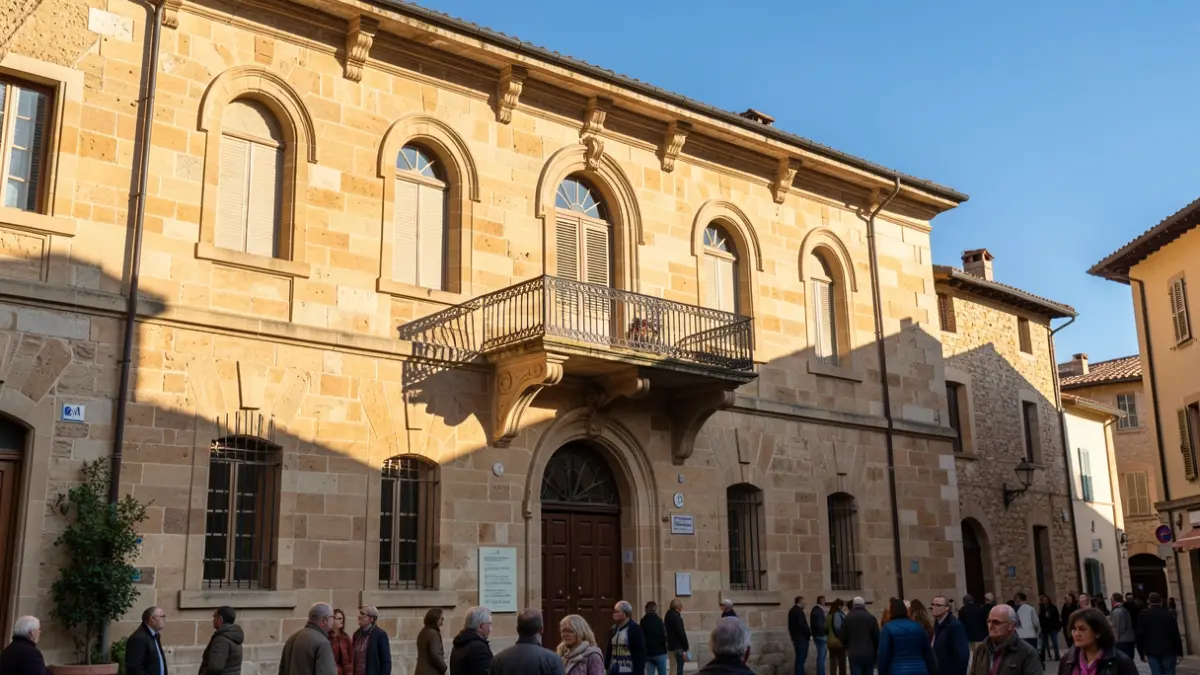 Facade of the Bourg-lès-Valence town hall with an ornate balcony and iron railings, in the afternoon sun.