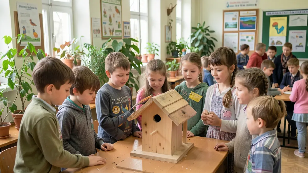 Generic image of children observing a birdhouse in a classroom.