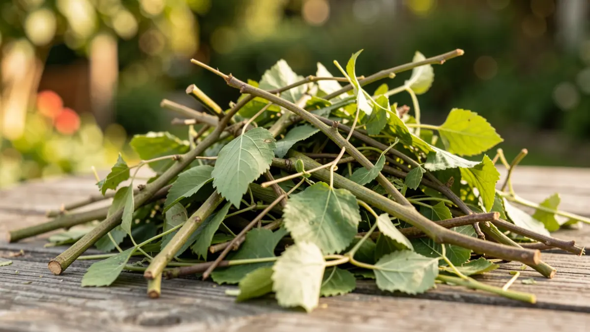 Image générique de déchets verts de jardin, tels que des branches et des feuilles, sur une surface en bois.