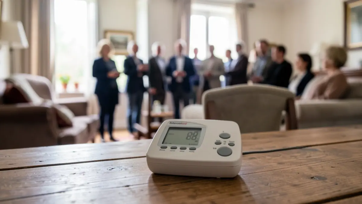 Generic image of a radon dosimeter placed on a wooden table in a living room.
