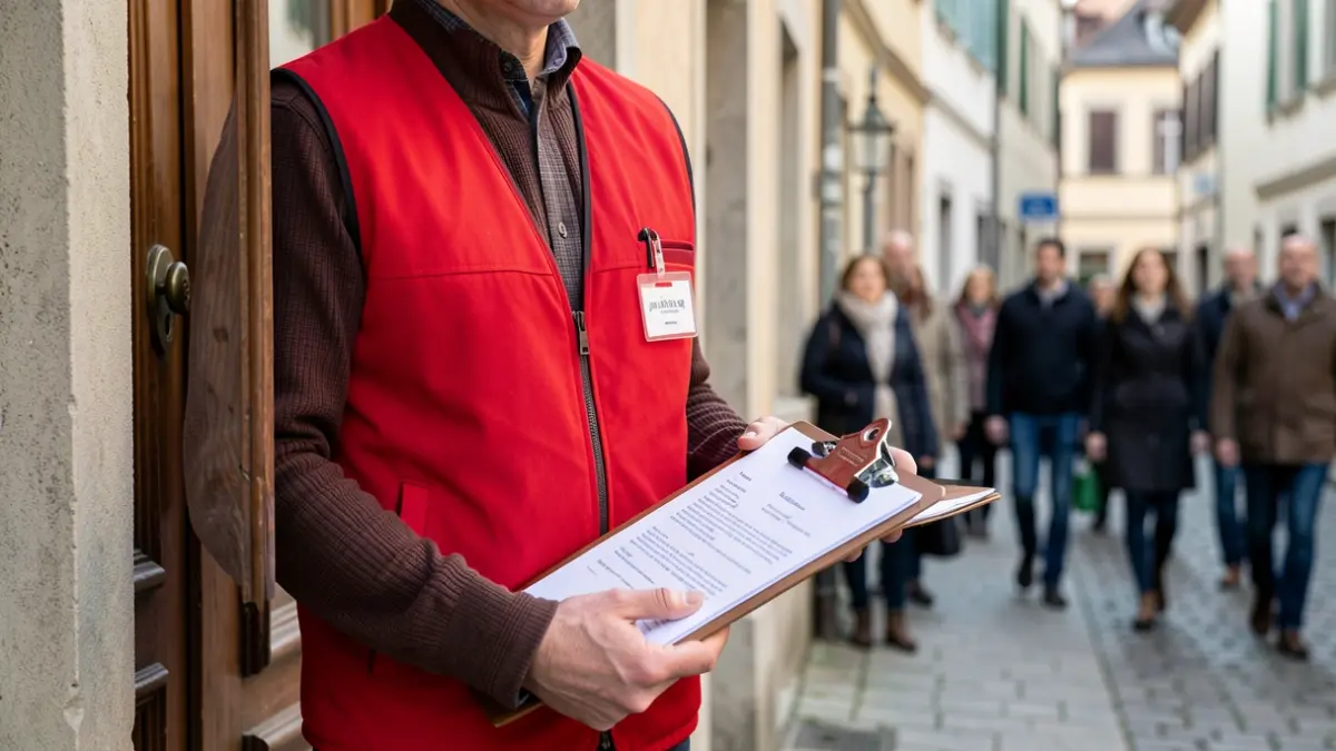 Image générique d'une personne portant un gilet rouge et un badge, tenant un presse-papiers devant une porte de maison dans une ville européenne.